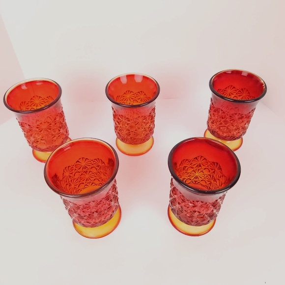 Amberina Daisy Button Glasses Set Of 5 Red Orange Art Glass 3.75 " Tall Vintage - Picture 3 of 16